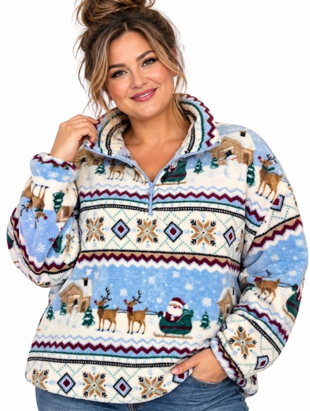No Boundaries XXL Christmas Santa Reindeer Fair Isle Plush Quarter Zip Fleece